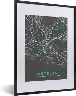 Produktbild von MuchoWow® Gerahmtes Poster Blau - Deutschland - Karte - Stadtplan - Wetzlar 30x40 cm - Poster mit Schwarzem Bilderrahmen Wandposter Rahmen Foto Bilder - Wandposter Schlafzimmer