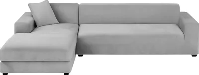 A light gray sectional sofa with a chaise lounge is shown against a white background.