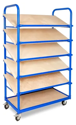 Produktbild von Schrägboden-Regalwagen mit 6 Ebenen, BxTxH 1050x500x1690 mm, 2 Lenk- und 2 Bockrollen, Gesamttragkraft 250 kg