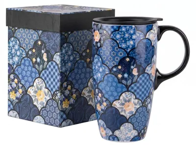 Immagine prodotto di Tazza in Vetroceramica con coperchio a prova di perdite, capacità 500 ml, colore blu, motivo floreale