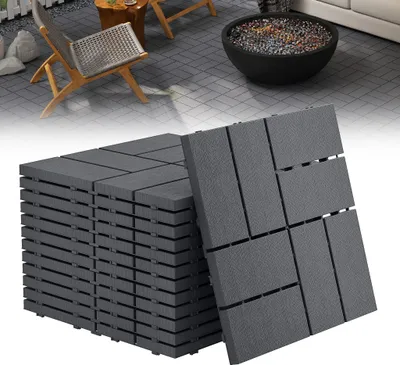 Produktbild von LZQ 6㎡ Terrassenfliesen Balkonfliesen mit Aussehen der Holzmaserung, Klickfliesen Terrasse für Balkon Garten, Wetterfeste Platten mit Drainagefunktion, 30x30 cm - Anthrazit, Typ A(66 Stück=6㎡)