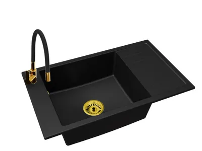 Produktbild von Küchenspüle Einbecken LUIS mit Abtropffläche + Siphon Gold + Armatur FLEX Gold