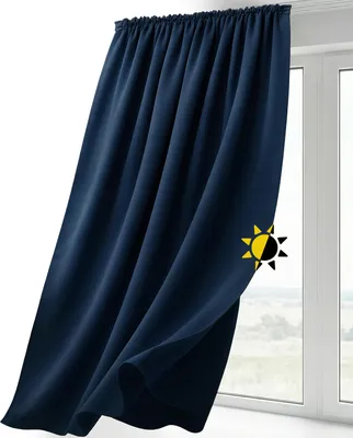 A dark blue curtain is draped over a window, partially obscuring the view outside. A sun icon with a gradient from yellow to black is visible on the curtain.