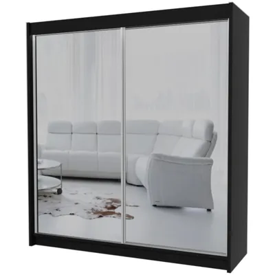 Produktbild von Schiebetürenschrank DEBRA 200cm - Kleiderschrank mit Schubkasteneinsätze & Spiegel (Schwarz)