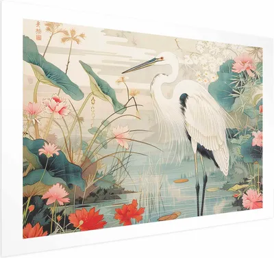 Produktbild von Posterpapier Poster - Over the Asian Pond - illustration in the Japanese print style featuring a heron 90x60 cm Tiere g-H-10110-ao-a