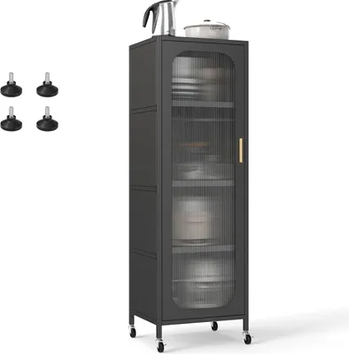 Obrázok produktu pre KOMFOTTEU Kuchynská skrinka s kolieskami, 5-úrovňová bufetová skrinka s nastaviteľnými policami, vysoká skrinka s priehľadnými dvierkami, viacúčelová skrinka do jedálne, obývačky, 45 x 40 x 141 cm (čierna)