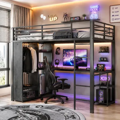 Productafbeelding van Hoogslaper 90x200 cm met bureau, open kledingkast, 3 planken, LED-verlichting, dubbele stekkerdoos met USB en Type-C aansluitingen, metaal/MDF, zwart