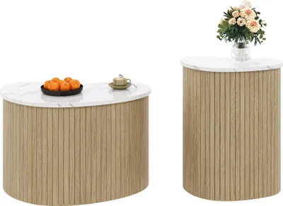 Produktbild von Fortuna Lai Moderner minimalistischer Couchtisch, Marmormaserung, Holzmaserung, Beistelltisch im skandinavischen Stil, multifunktionaler Wohnzimmertisch.