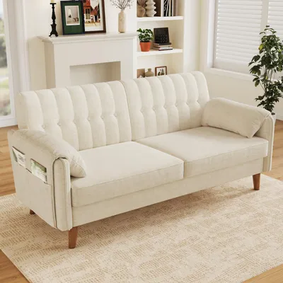 Productafbeelding van MODFU 2-persoonsbank, gestoffeerde bank met chenille bekleding, relaxbank met gestikte rugleuning en zijvakken, loungebank met massief houten poten, beige, 161,5 x 79 x 83,5 cm