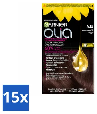 Imagen del producto de 15 tintes para el cabello Garnier Olia 4.15, color castaño medio, sin amoníaco, pack de 15 unidades