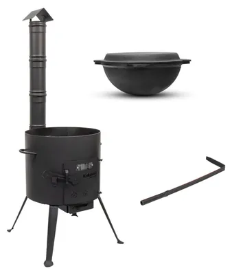 Produktbild von Feuer-Ofen Utschak mit Abzugsrohr-Rohr + Kazan Kasan 10 Liter Usbekisch aus Gusseisen + Deckel-Bratpfanne - Dutch Oven