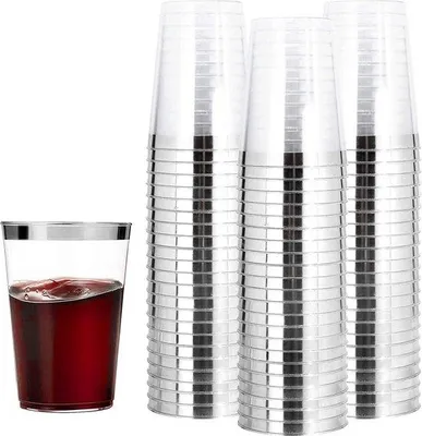Produktbild von 50 Stück umrandete silberne Plastik-Becher 360 ml - herstellbare Trinkbecher - elegante Party-Weingläser für Champagner Bier Cocktail - Martini Limonade Dessert - 105 x 75 cm
