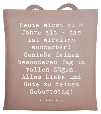 Produktbild von Mr. & Mrs. Panda Shopping Tasche Spruch 8. Geburtstag Feier - Braun Pastell - Geschenk, Laptoptasche, feiern, Baumwollbeutel, Geburtstagsgeschenk, Happy Birthday, Freude