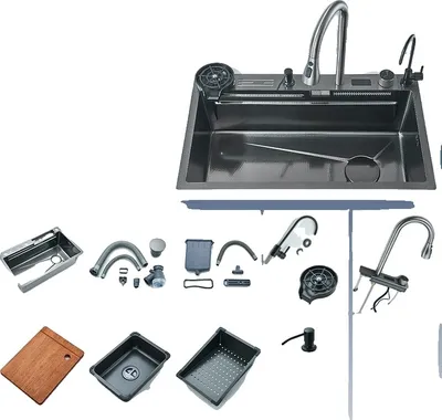 Obrázek produktu pro Kuchyňský dřez z nerezové oceli, multifunkční baterie, ukazatel teploty, dřezová souprava D2