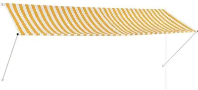 Obrázok produktu pre Sklopný terasový slnečník 350 x 150 cm – žlto-biele pruhy – polyester odolný voči UV žiareniu a vode – nastaviteľná výška a uhol – ručne ovládateľný rozkladací slnečník na terasu, balkón a okná