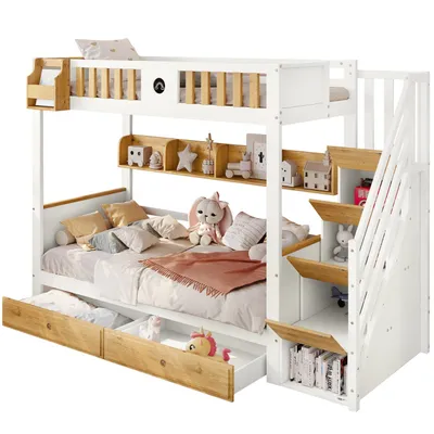 Produktbild von Etagenbett mit Treppe, Reichlich Stauraum,Kinderbett mit 4 Schließfächer in der Treppe,mit Fallschutzgitter und 2 Schubladen, Offenes Regal