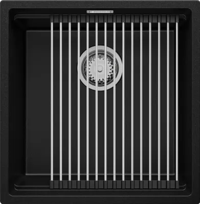 Produktbild von PRIMAGRAN Spülbecken Schwarz 46x47cm, Granitspüle 1 Becken + Ablauf-Set + Aufrollbare Abtropffläche, Küchenspüle ab 50er Unterschrank - Praga Slim