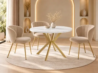 Produktbild von Runder Ausziehbarer Esstisch mit Goldenen X-Gestell Beinen - ⌀ 120-200 cm - Loft Industriell Design - für 8-12 Personen - Weiß
