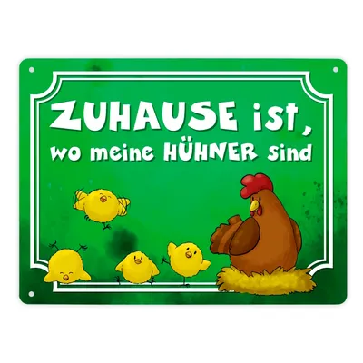 Produktbild von Zuhause ist, wo meine Hühner sind Metallschild XL in 21x28 cm mit Huhn und Küken