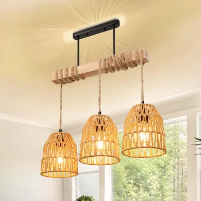 Produktbild von Pendelleuchte mit Rattan Lampenschirm E27 Fassung 3-flammige Hängelampe Höhenverstellbare Kronleuchter für Küche, Esstisch, Wohnzimmer