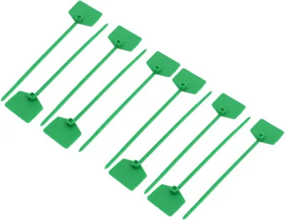 Produktbild von 10 selbstsichernde Nylonelemente 3×120 mm, grüne Reißverschlussfaden-Etiketten, Markierungskordelverbinder