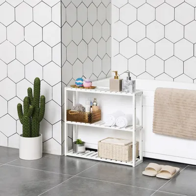 Produktbild von SONGMICS Badregal, Badezimmerregal, Bambus-Regal, 60 x 15 x 54 cm, Pflanzenregal mit 3 verstellbaren Ablagen, Wandmontage, freistehend, weiß BCB13W