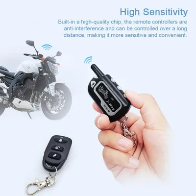 Obrázek produktu pro Bezdrátový alarm proti krádeži pro motocykly s obousměrným dálkovým ovládáním pro spouštění a zastavování motoru, zamykání a odemykání, 12 V, s nastavitelnou citlivostí, houkačkou 125 dB, 2 dálkové ovladače