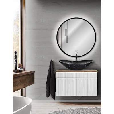 Produktbild von Badmöbel Waschplatz Set 80cm Waschtischunterschrank mit Aufsatzwaschbecken und LED Spiegel IRAKLIO-56 in weiß matt mit Vintage Eiche Nb., B/H/T: ca. 80,4/200/46 cm