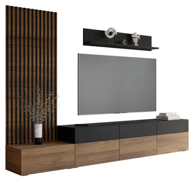 Produktbild von MIRJAN24 Wohnwand Narezi II, Stilvoll Wohnzimmer-Set, TV-Schrank, Modern Mediawand (Nuss Warmia / Schwarz), KI-generiertes Bild