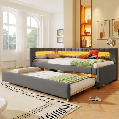 Image de Merax Lit de jour Daybett 90x200 cm, avec lit gigogne 90x190 cm, LED, USB et Type-C, Canapé-lit, Canapé-lit, Gris