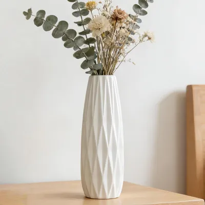 Image de Vase en céramique - Vase fleurs - 30 cm - Blanc - Structuré - Pour herbe de pampa et salon