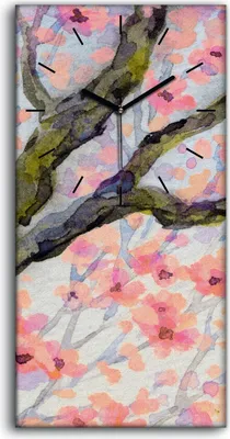 Produktbild von Wohnzimmer-Bild Leinwand Uhr Geräuschlos 30x60 Aquarell Baum Blüten zweige - schwarze Hände
