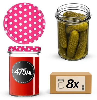 Productafbeelding van KADAX Inmaakpotten, 475 ml, met schroefdeksel (diameter 82 mm), ideaal voor jam, potten voor het inmaken en n van jam en honing (roze stipjes, 8 stuks)
