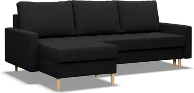 A black sectional sofa with a chaise lounge is shown against a white background.