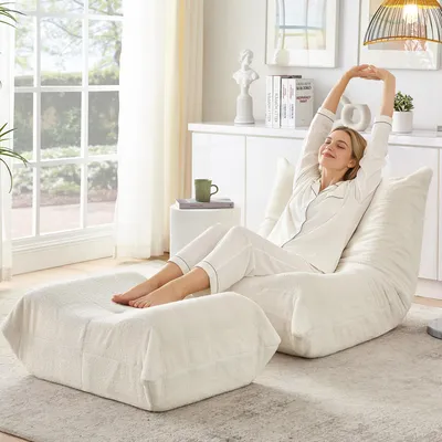 Produktbild von Teddy Bouclé Bodensofa mit Fußhocker, Relaxsessel mit Rückenlehne, Loungesessel und Lesesessel, für Wohnzimmer & Schlafzimmer, Beige