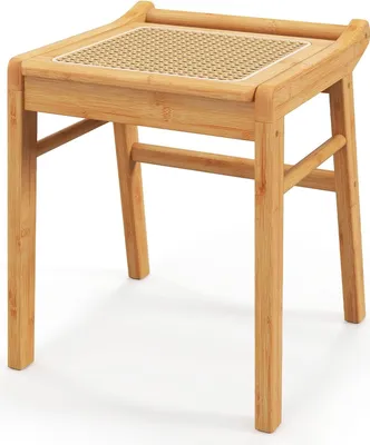 A wooden stool with a woven rattan seat on a white background.