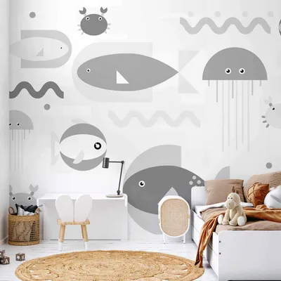 Produktbild von Selbstklebende Folie Fototapete - Minimalist grey ocean - geometric fish in water for children 196x140 cm Für Kinder e-A-10019-a-c