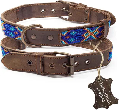 Produktbild von ALTEZAR Blaues Hundehalsband aus Leder Doppel-Tribal Blau Handgemacht in Mexiko - Größe L