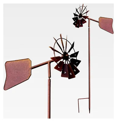 Produktbild von Metallische Rost-Windmühle mit Windfahne - 120 x 17 cm - Deko Gartenstecker Windrad - Deko Blumenstecker Beetstecker Windspiel wetterfest