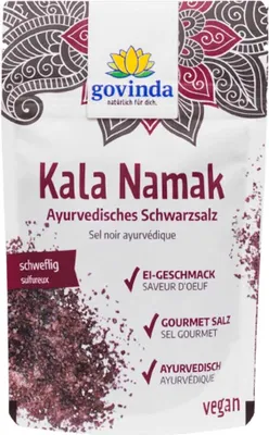 A pouch of Kala Namak (Ayurvedic black salt) from the brand Govinda.