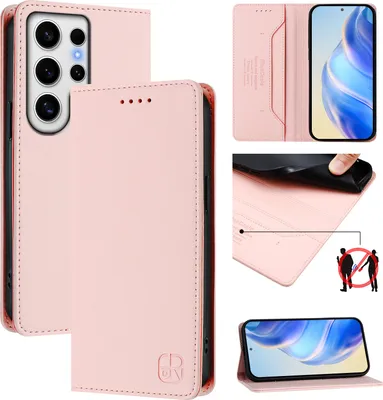 Image de Étui en cuir pour Samsung Galaxy S24 Ultra, étui à rabat avec fentes pour cartes, portefeuille et support Rose