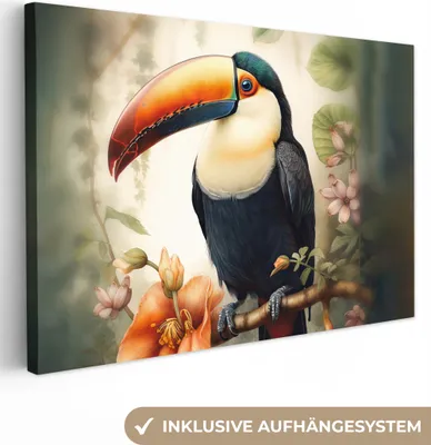 Produktbild von OneMillionCanvasses® - Leinwandbilder - 140x90 cm, Tukan - Vogel - Blumen - Pflanzen, Wandbilder Kunstdruck Wanddekoration - Foto auf Leinwand - Gemälde auf Holzrahmen