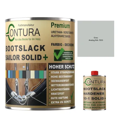 Produktbild von Contura 1.10 Liter 2K Bootslack GLÄNZEND RAL Farbe Yachtlack Holzlack GFK Metall Boot Schiffslack - Grau RAL 7035 - (1 Liter + 100ml. HÄRTER)