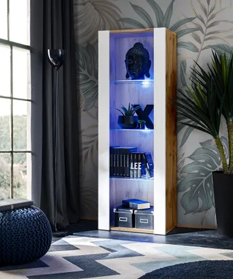 Produktbild von Komodee | Vitrine Schrank Tivoli mit 3 Regalböden, Korpus Wotan Matt Frontfarbe Weiß Matt, LED Blau