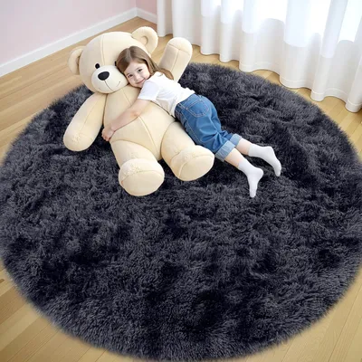 Productafbeelding van Babydecke en vloerkleed voor de woonkamer, rond, 160 cm diameter, donkergrijs | Wasbaar, antislip, modern, zacht en comfortabel vloerkleed voor de woonkamer