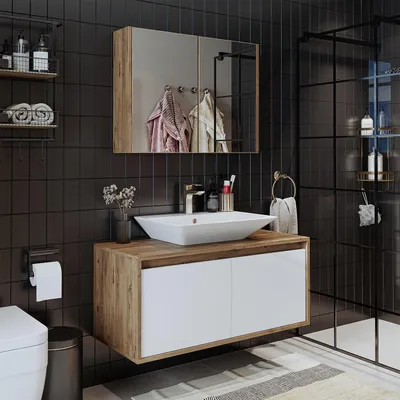 Produktbild von Roomart ATLANTIC-100 Badmöbel-Set 3-teilig 100 cm breit, Weiß-Eiche