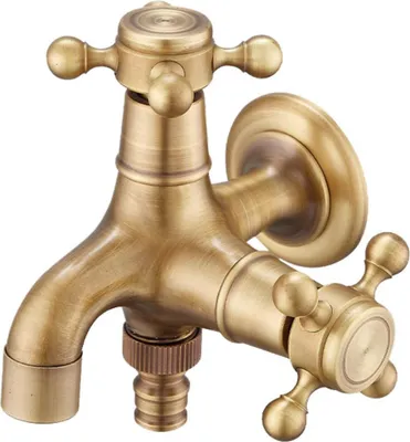 Produktbild von Gartenwasserhahn aus massivem Messing, Doppelauslass, Vintage, zur Wandmontage, Waschmaschine, Außenwasserhahn, Waschmaschinenhahn, G1/2-Gewinde, einzelner Kaltwasserschlauch – Waschmaschinenwasserhahn
