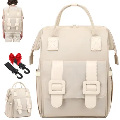 Produktbild von OKWISH Wickeltasche Rucksack, Wickelrucksack mit Multifunktions-Babytaschen und mobiler Wickelauflage, Schnullerhalter und Kinderwagengurte Cremeweiß