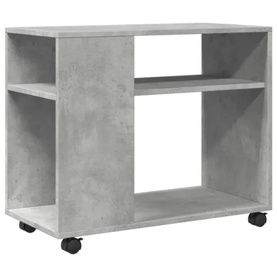 A concrete-effect side table with wheels on a white background.