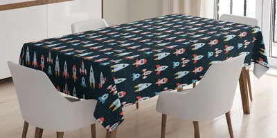 Zdjęcie produktu dla ABAKUHAUS Obrus, ilustracja komiksowa przedstawiająca rakiety kosmiczne w różnych kształtach i gwiazdy na niebie, 140 x 200 cm, wielokolorowy